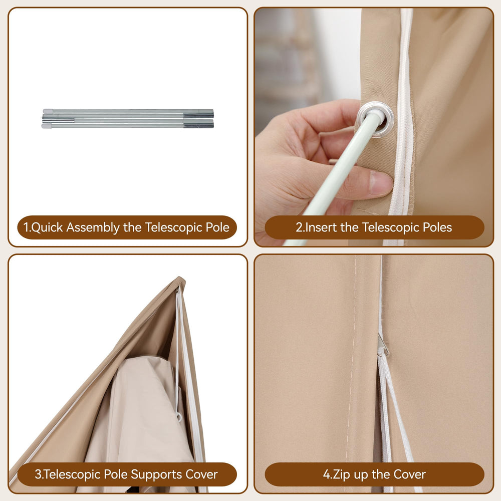 ORYNTREX cover next to measuring tape showing fit for 9–13ft umbrellas