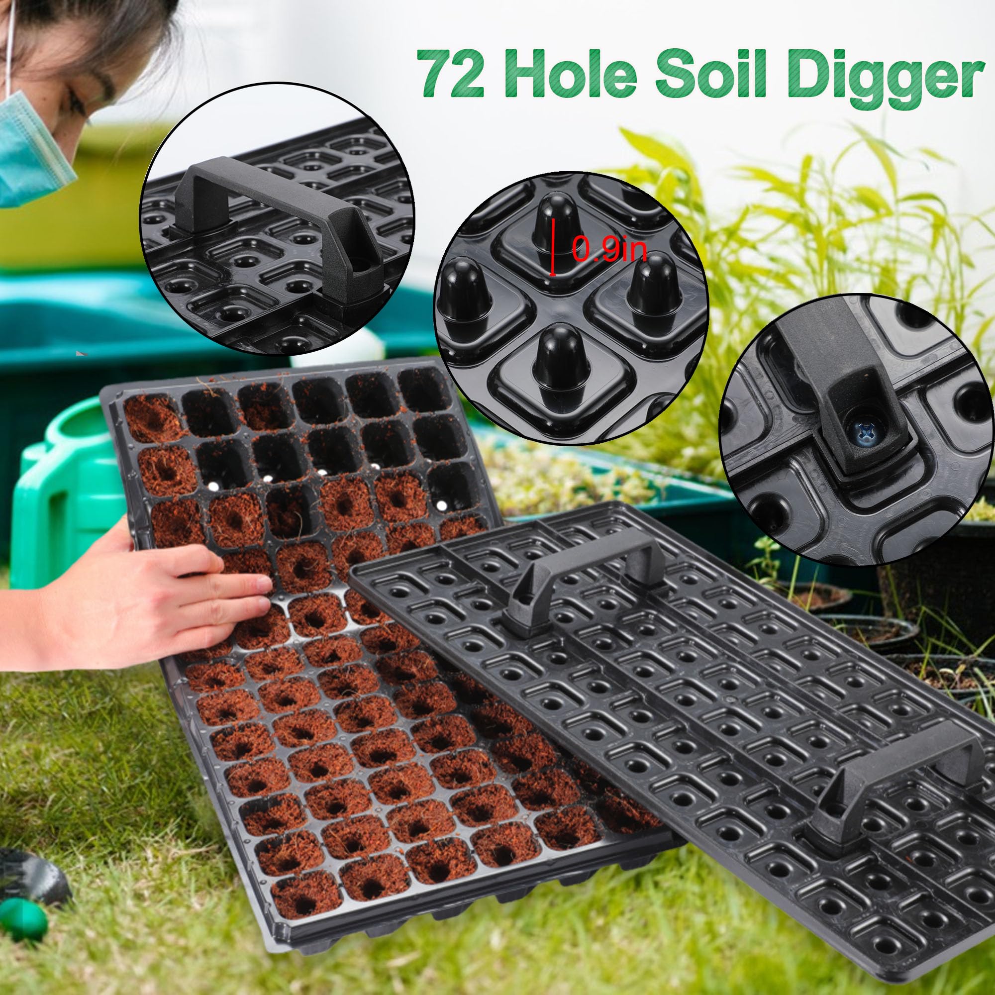 Oscorna 72-hole dibber with handle showing quick hole-punching that saves planting time