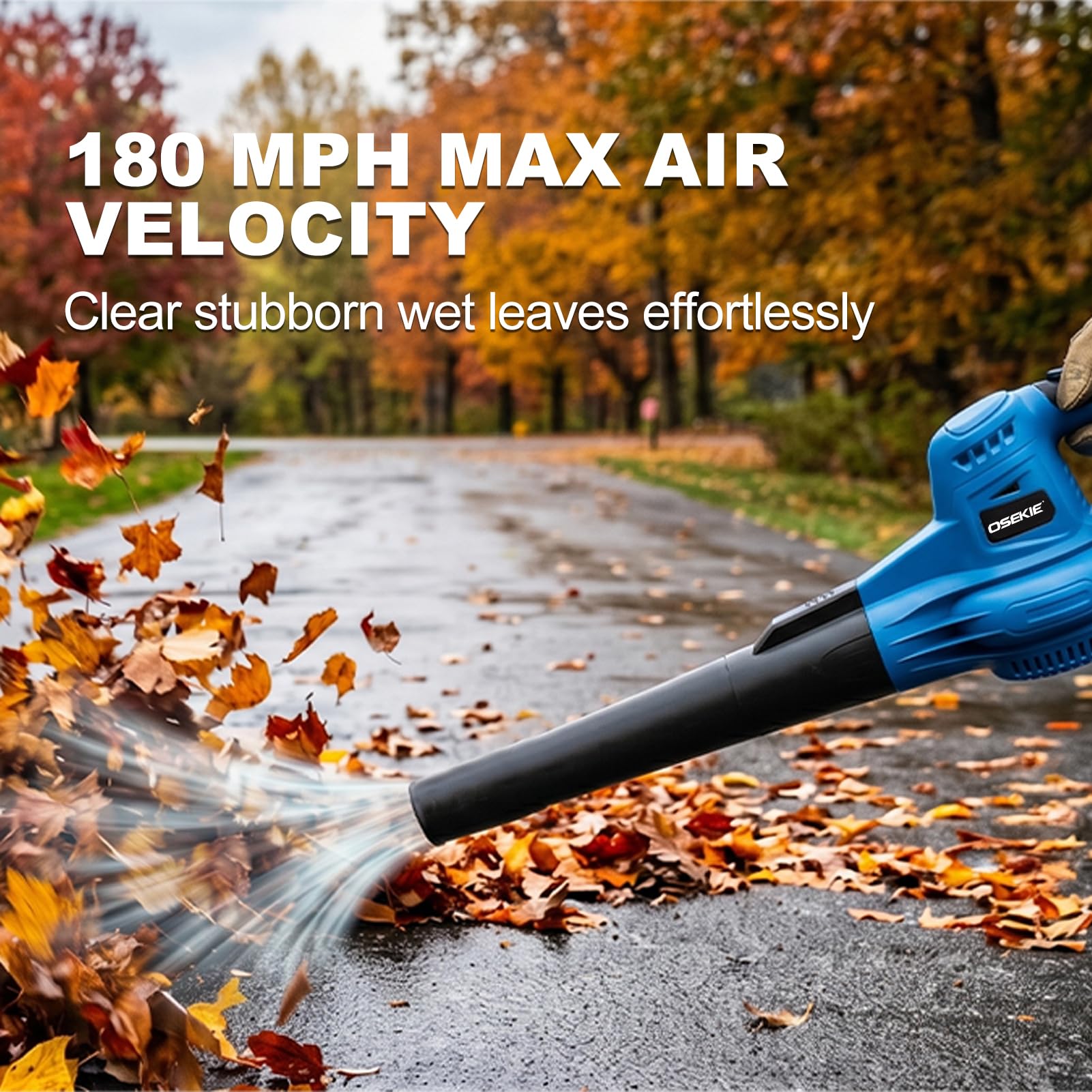 OSEKIE blower front closeup highlighting nozzle and ergonomic handle for comfort