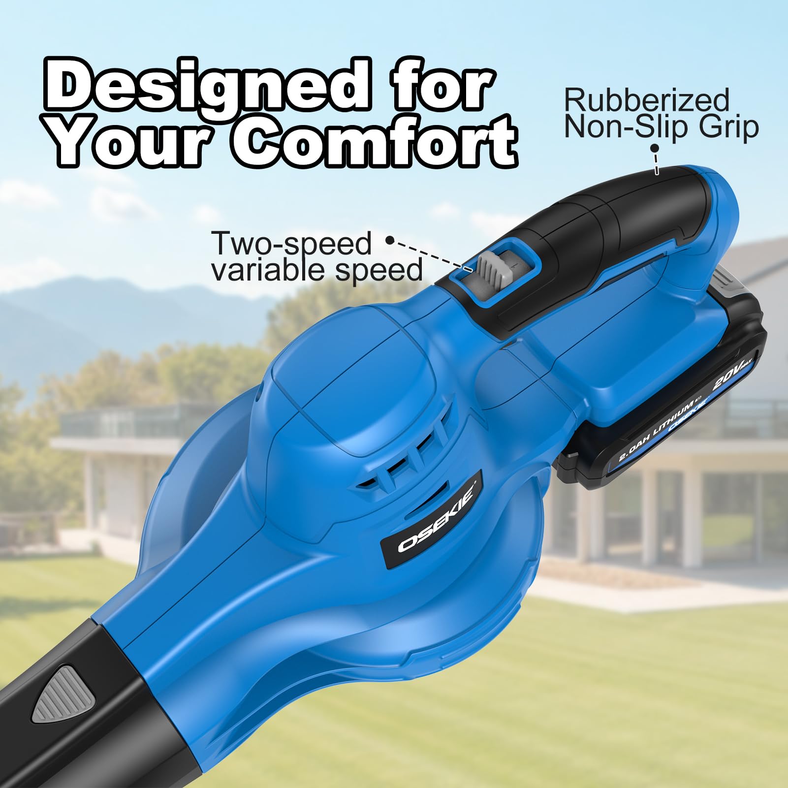 OSEKIE blower held in hand comparing lightweight 3.3 lbs for reduced fatigue