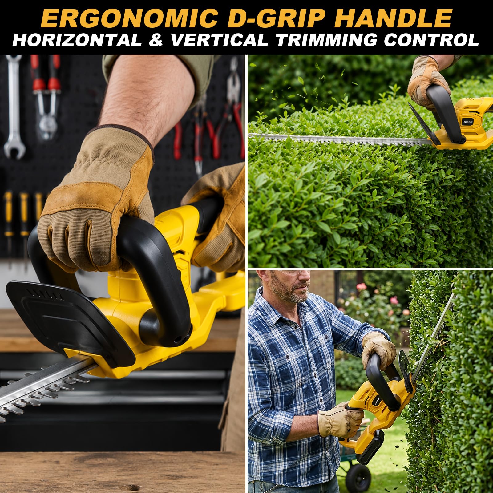 OSEKIE trimmer in use on a hedge demonstrating reach and easy maneuvering