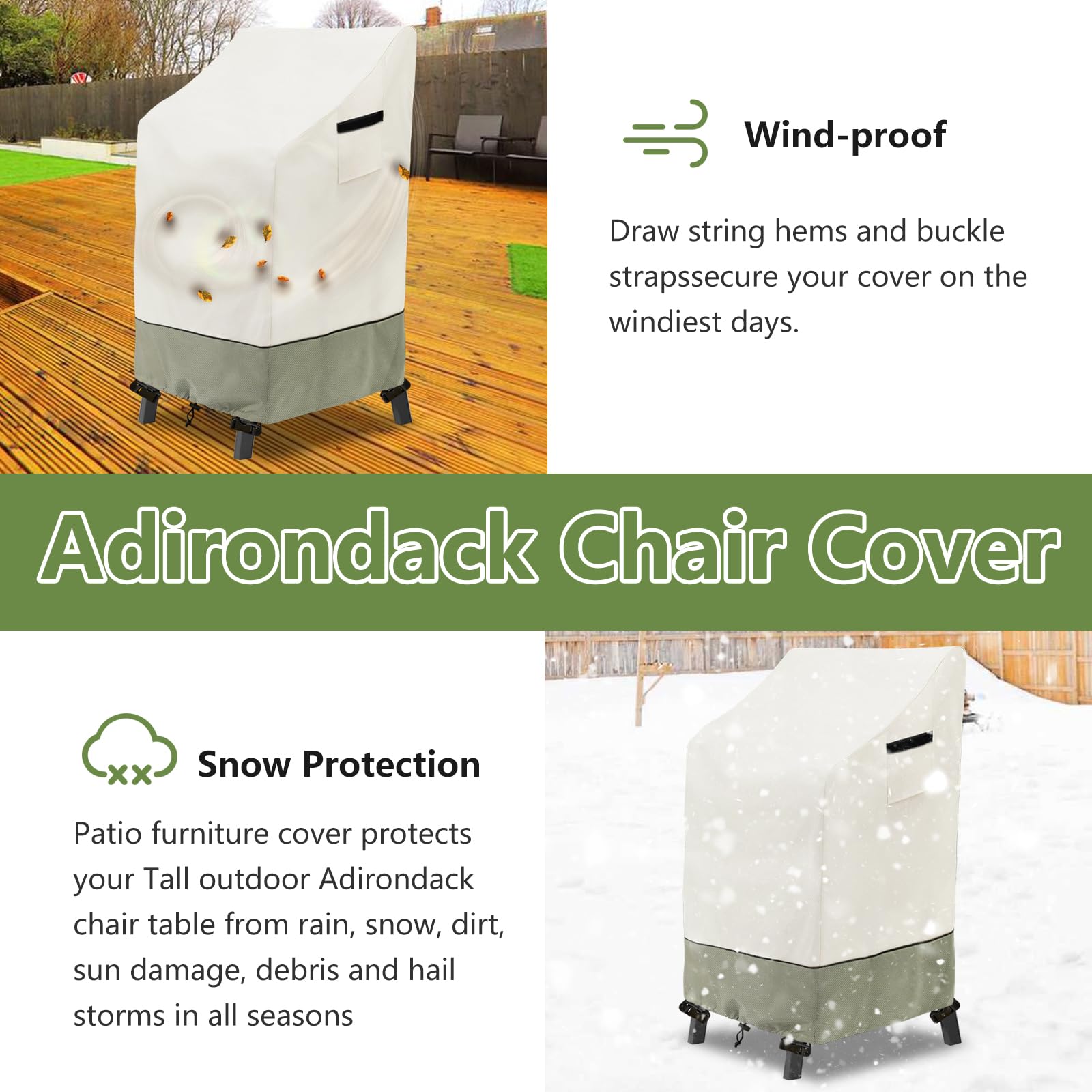 Osileyo covers on Adirondack chairs in backyard, illustrates weatherproof outdoor protection