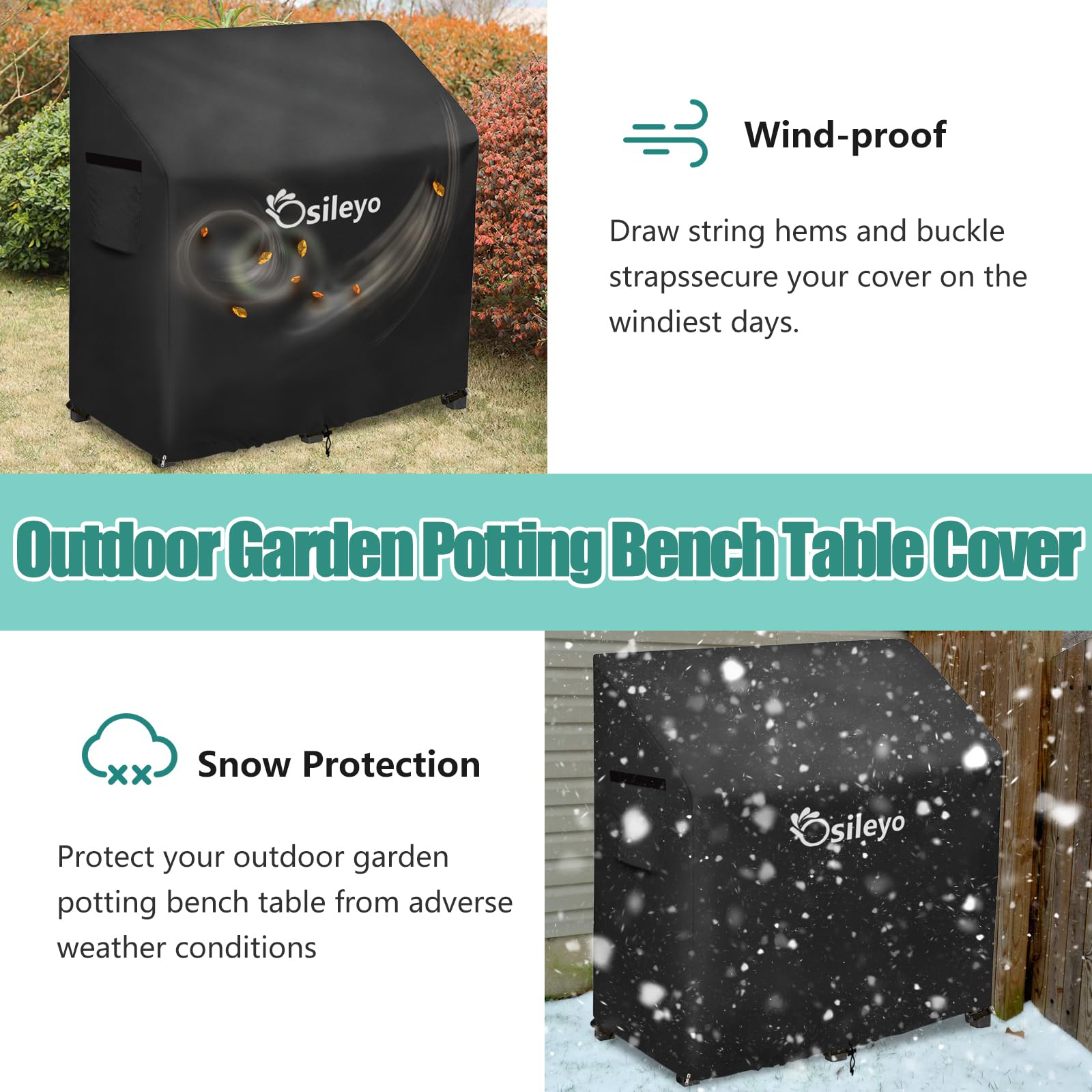 Osileyo potting bench covered in garden setting protecting tools and soil