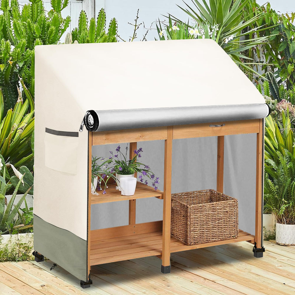 Osileyo-covered potting bench in garden protecting from weather