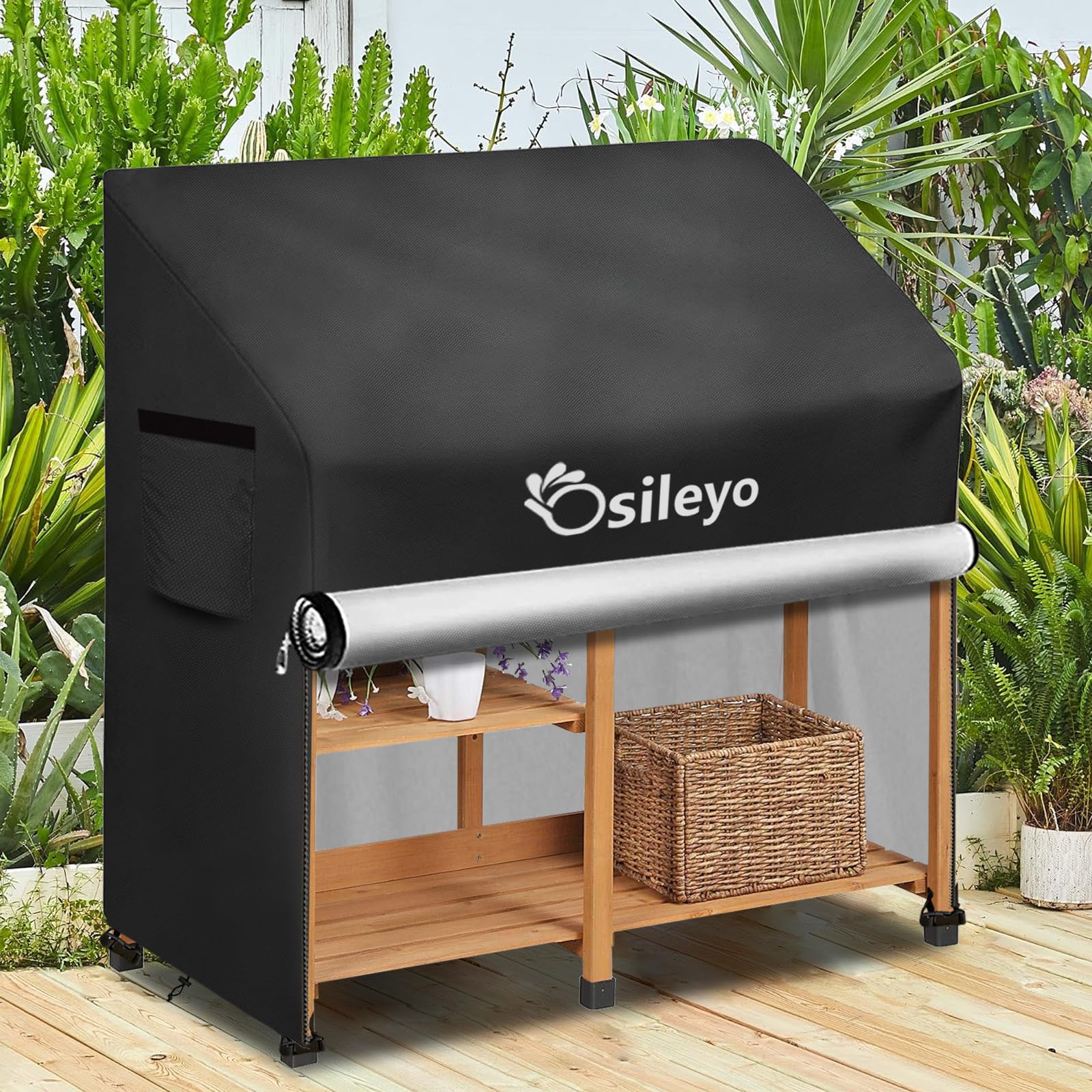 Osileyo cover next to chair showing 47 by 20 by 47 inch size and scale