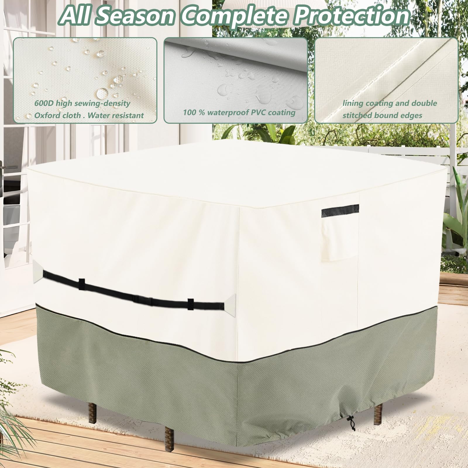 Osileyo side fasteners and drawstrings securing cover against wind