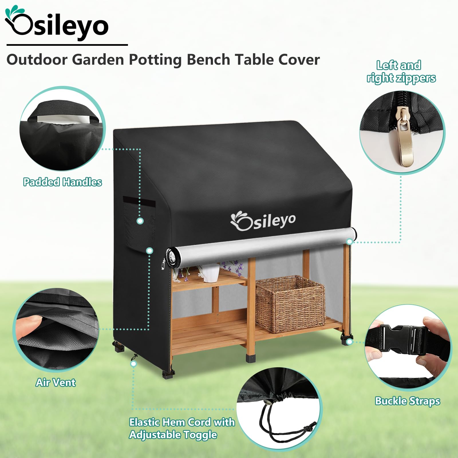 Osileyo split zipper detail showing easy partial access to potting bench interior