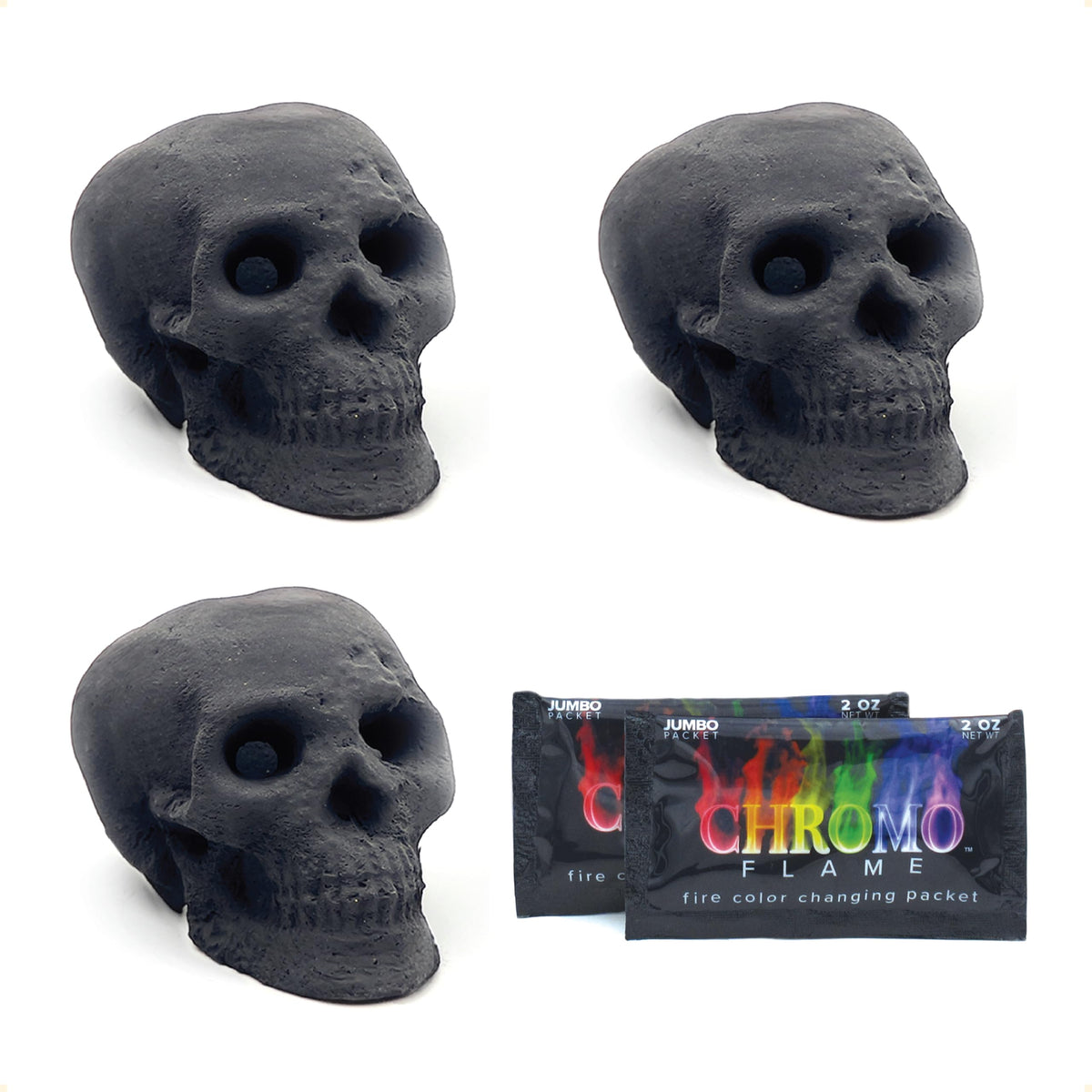 OSKER front view of three skull logs showing packaging and product benefits