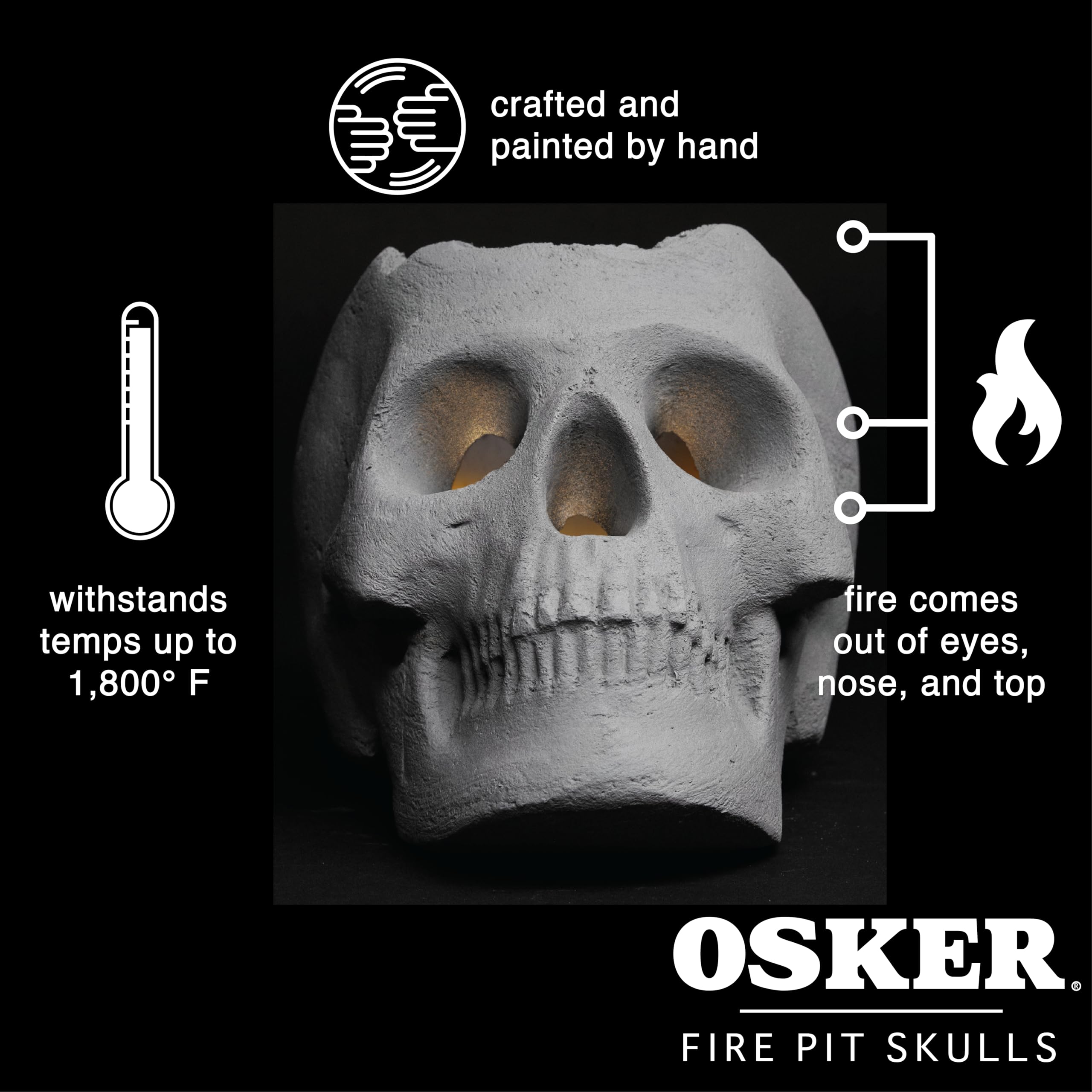 OSKER skull eye socket with flame emerging for mesmerizing effect