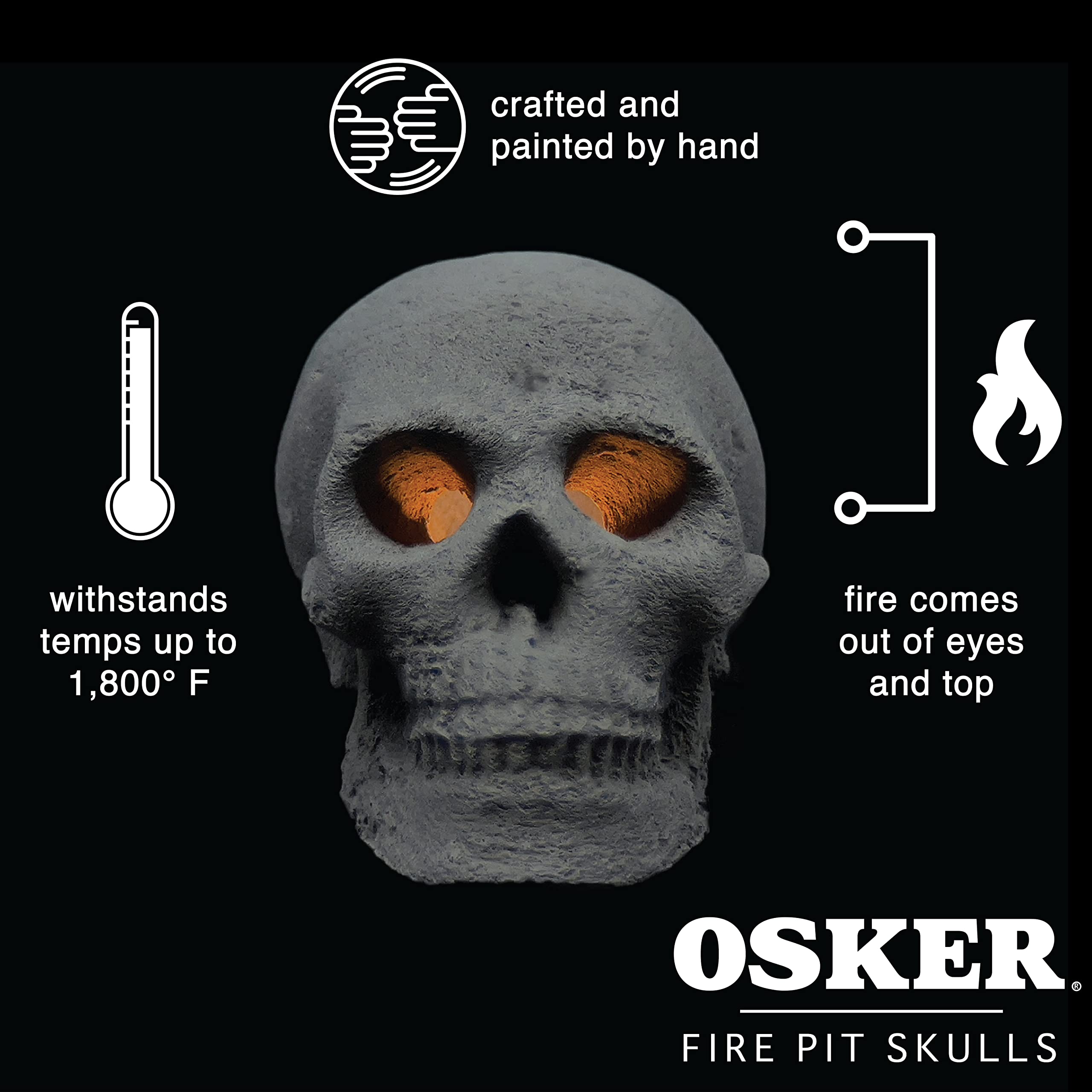 OSKER skull with flames through eye sockets creating dramatic nighttime ambiance