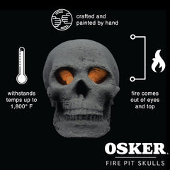 OSKER skull with flames through eye sockets creating dramatic nighttime ambiance