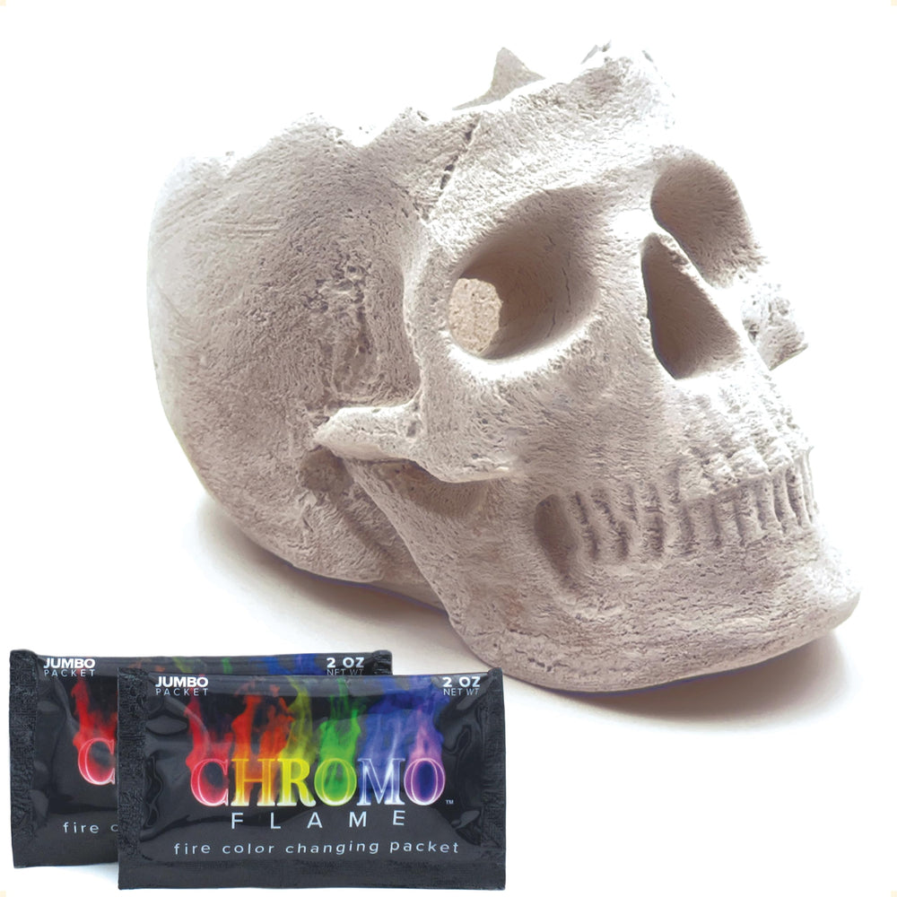 OSKER skull front view showing dramatic flame outlets and spooky visual appeal