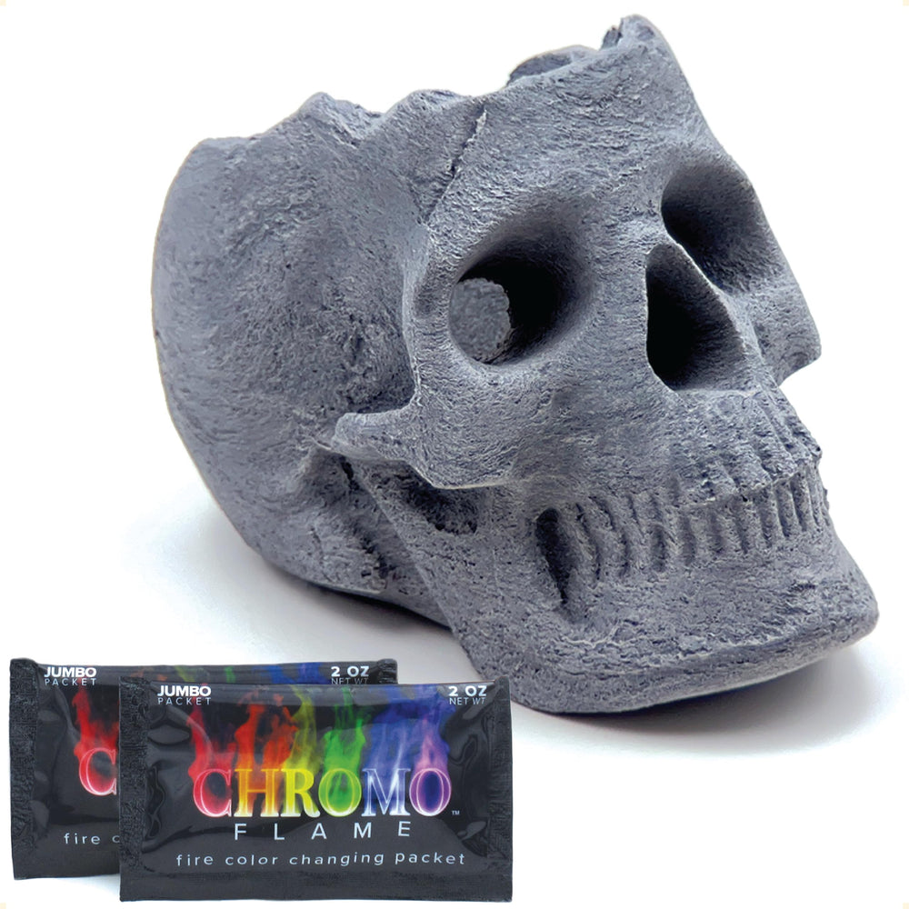 OSKER skull front view showing eye-socket flame for dramatic ambiance