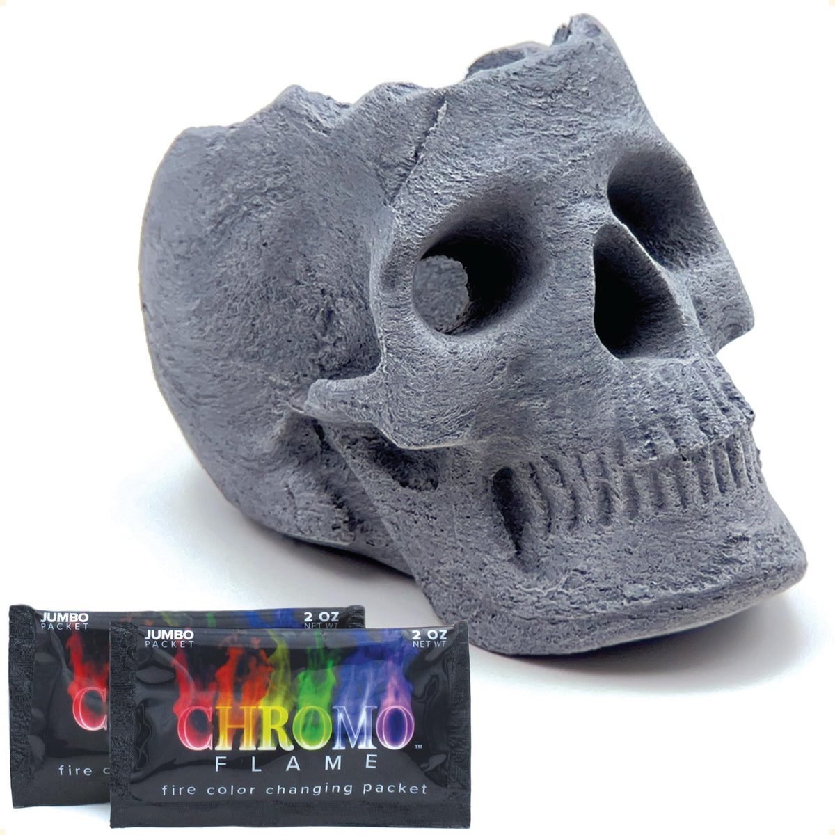 OSKER skull front view showing eye-socket flame for dramatic ambiance