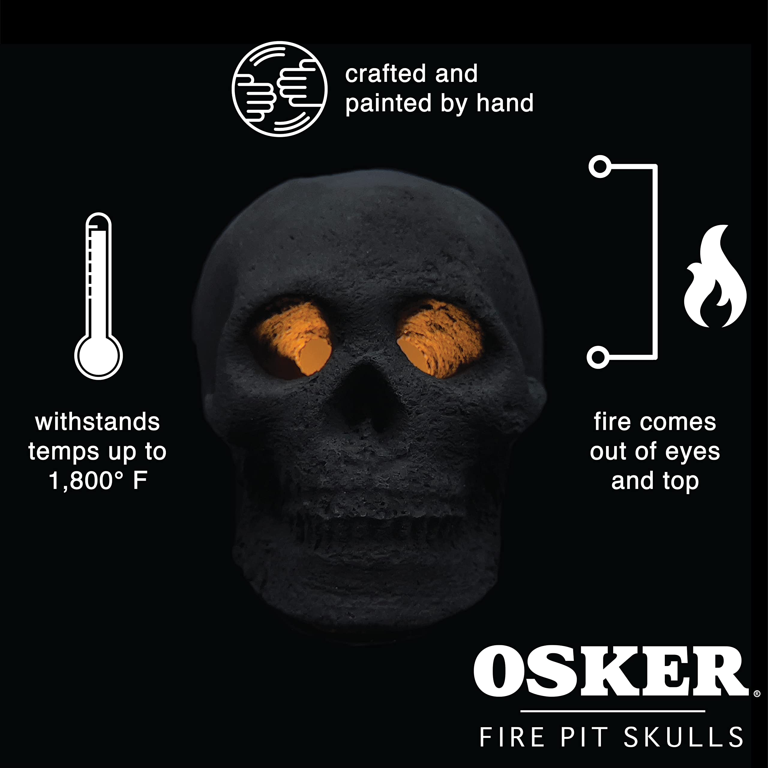 OSKER skulls placed in a firepit producing dramatic flame visuals