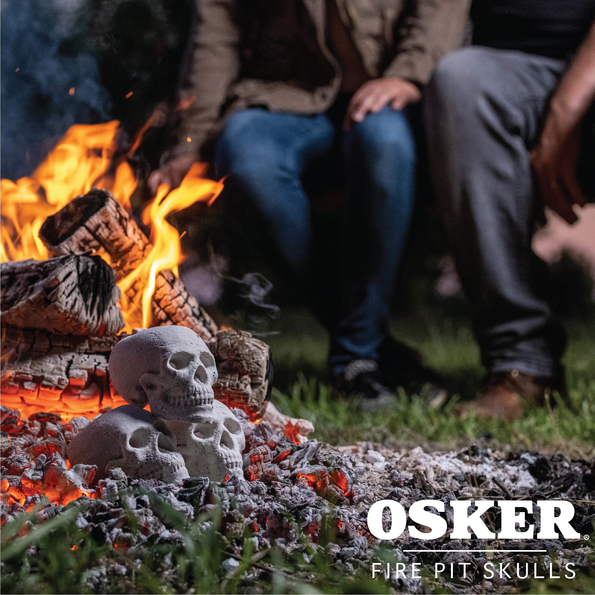 OSKER skulls arranged in an indoor fireplace for spooky ambiance