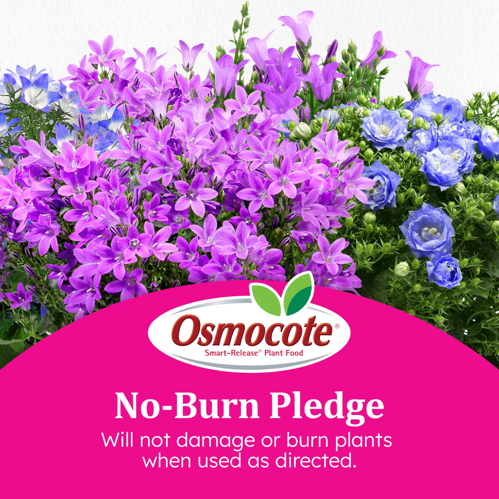 Osmocote 8 lb tub next to a standard pot showing product size and coverage