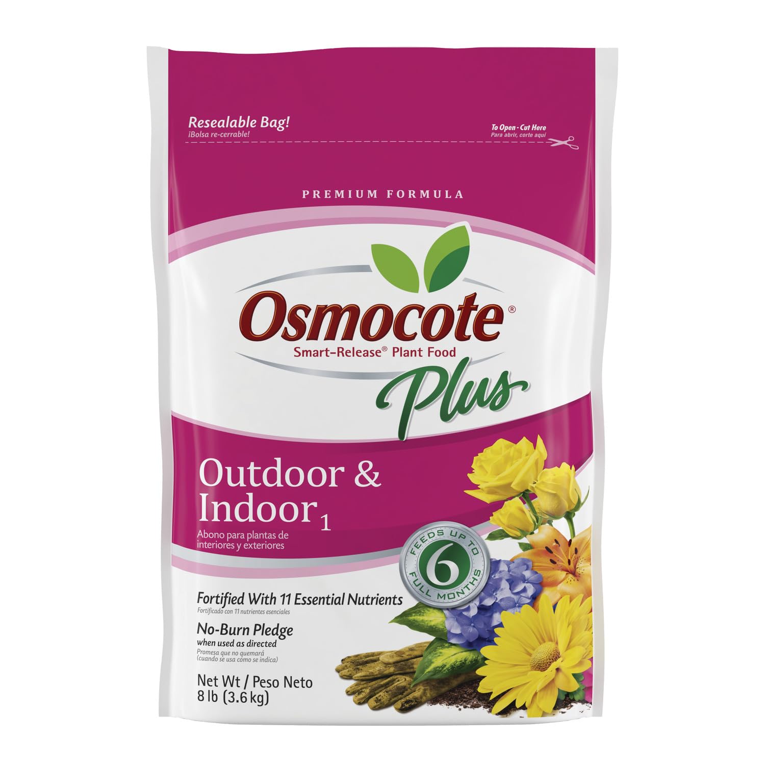 Osmocote front label on 8 lb tub showing product and coverage benefit
