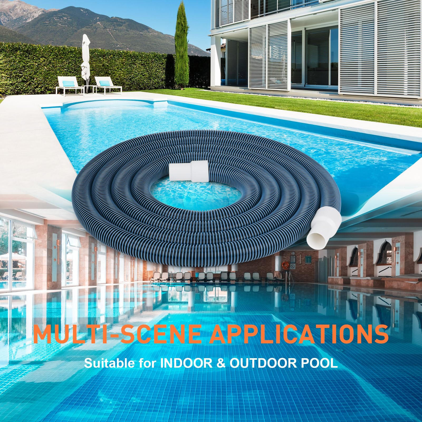 OSMOFUZE hose alongside a ruler showing 18 ft length for full pool coverage