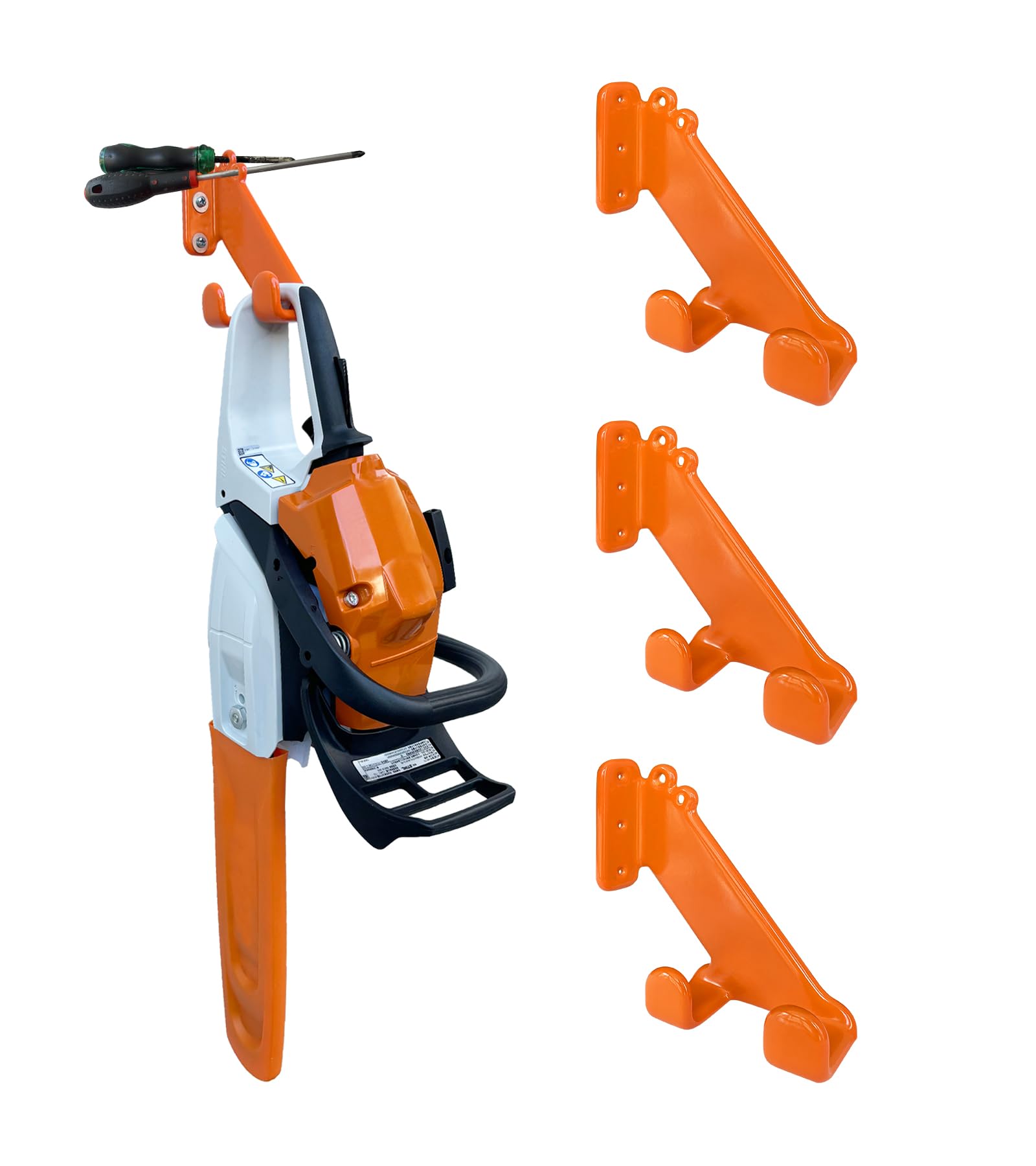 OSROENE chainsaw hanger front view showing sturdy steel construction and bright rubber protection