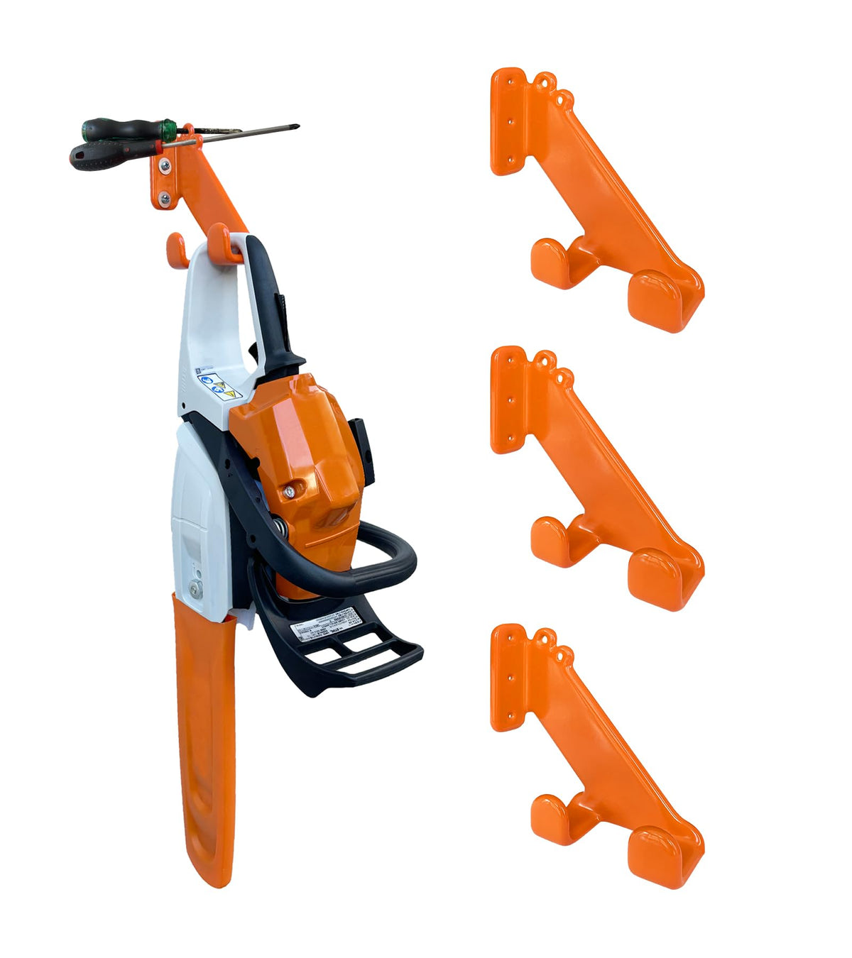 OSROENE chainsaw hanger front view showing sturdy steel construction and bright rubber protection