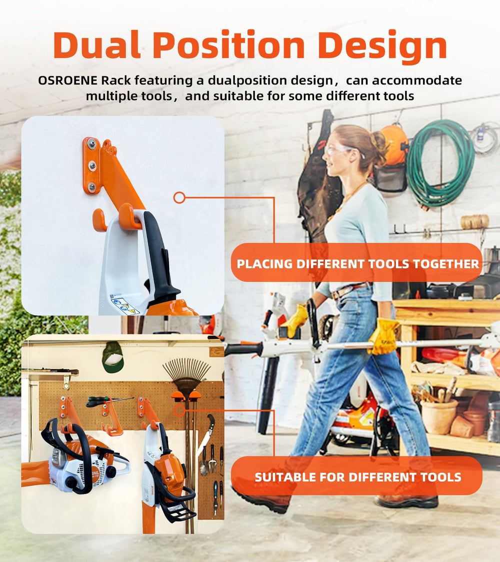 OSROENE hanger holding a saw plus wrench and chain for consolidated tool and accessory storage