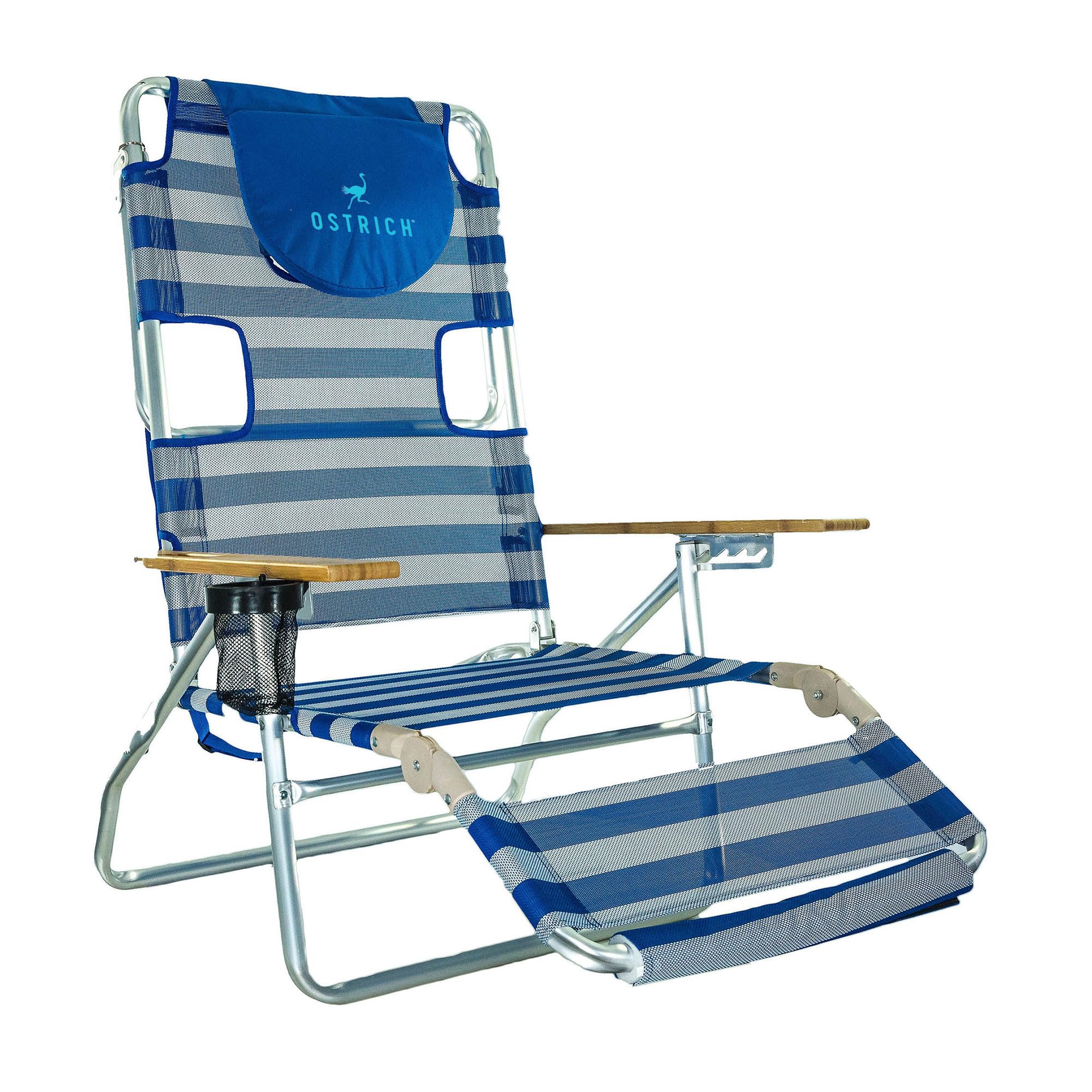 Ostrich front view of striped recliner showing full chair and benefits of versatility