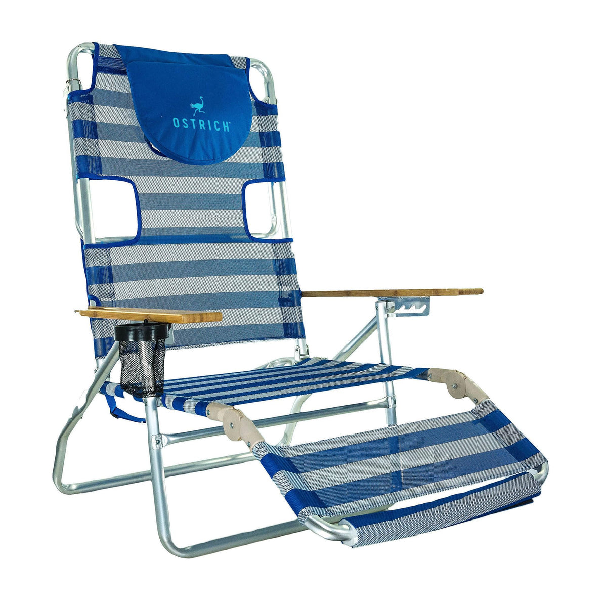 Ostrich front view of striped recliner showing full chair and benefits of versatility