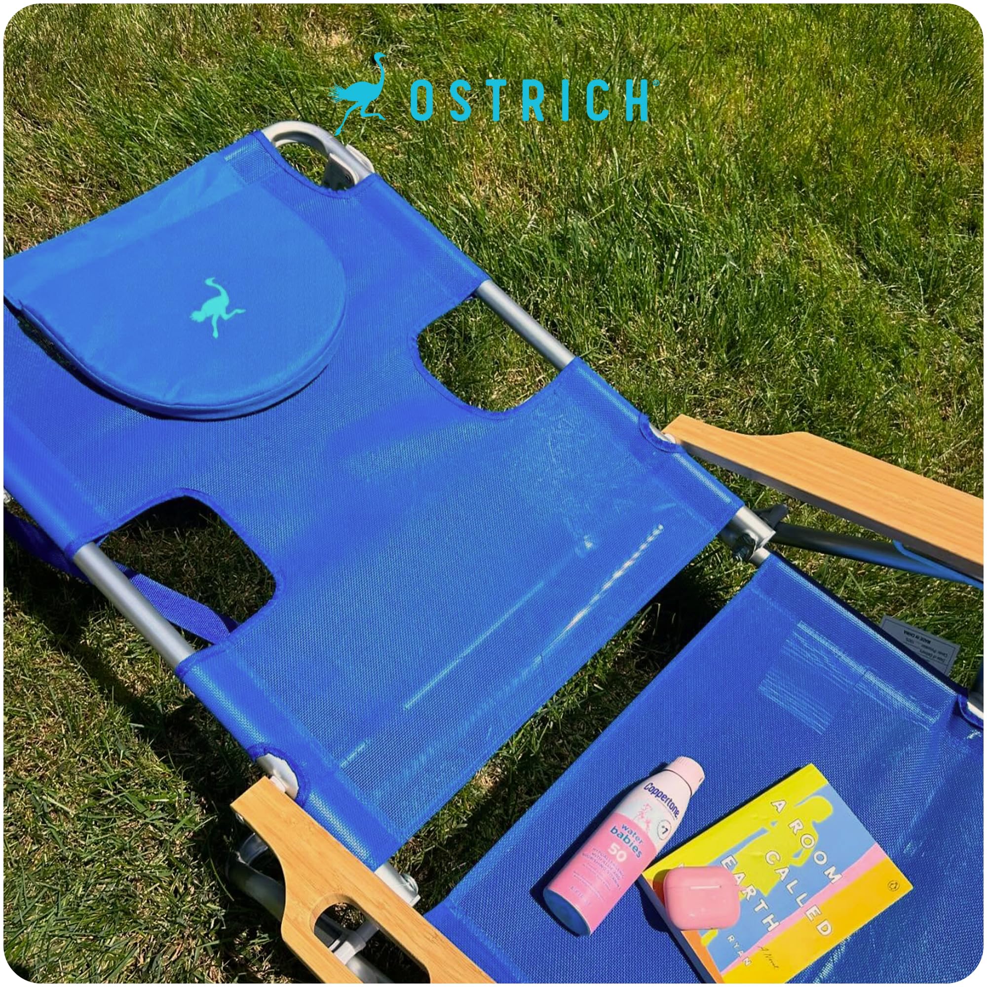 Ostrich lifestyle beach scene showing outdoor relaxation and travel-ready benefit