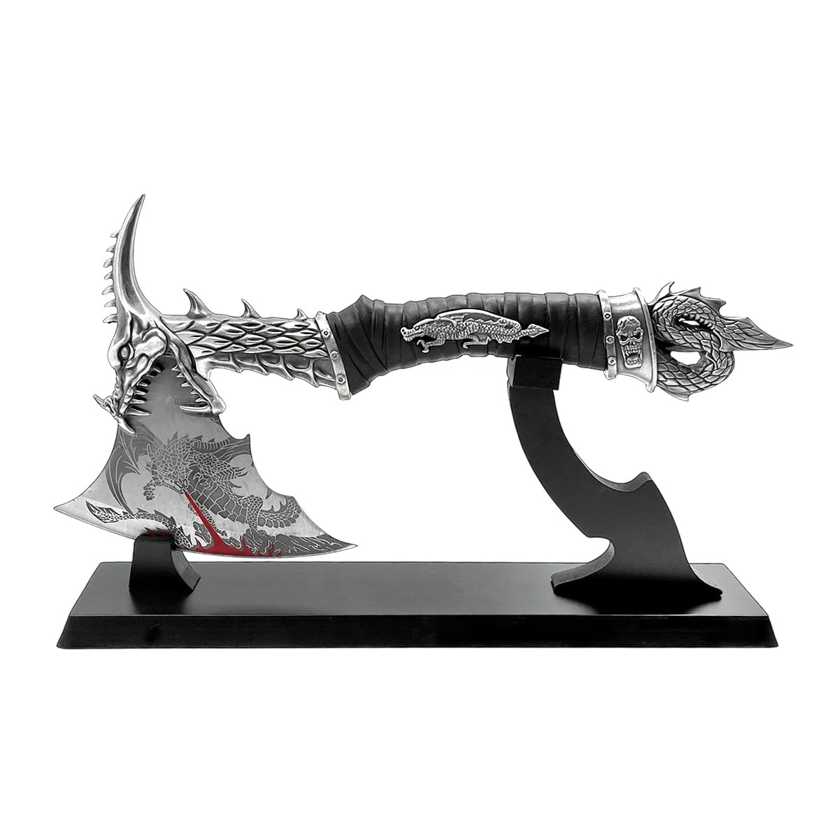Otakumod dragon axe front view showing full decorative piece and stand benefit