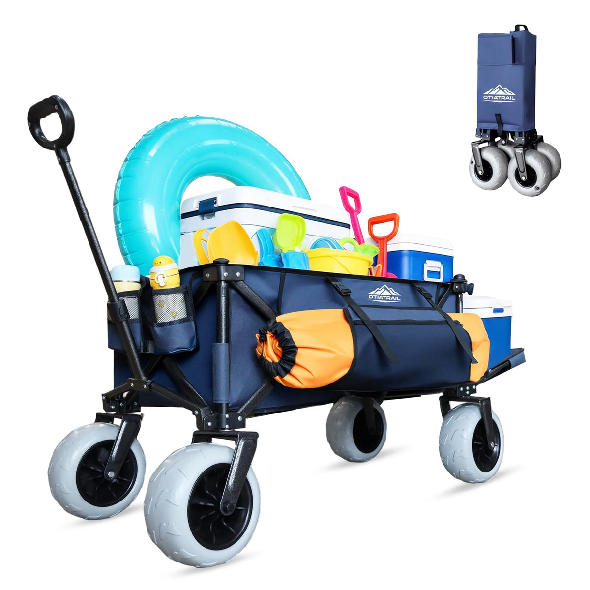 OTIATrail wagon front view in navy showing sturdy frame and large capacity benefit