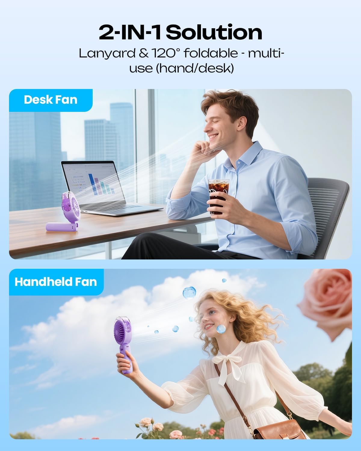 Otlonpe folded on desk demonstrating hands-free cooling and stable base