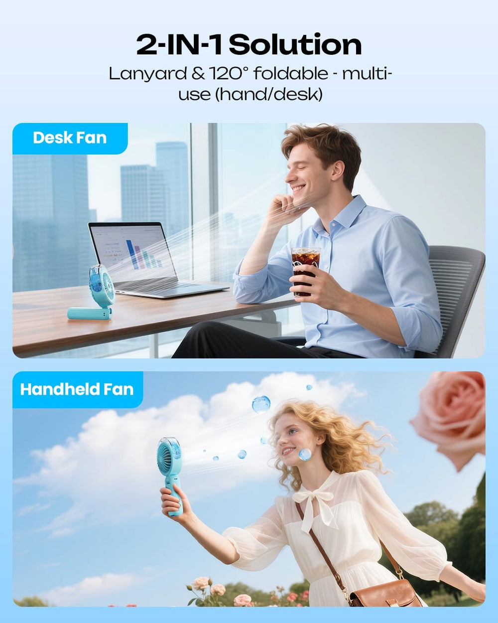 Otlonpe desktop mode on picnic table providing hands-free airflow outdoors