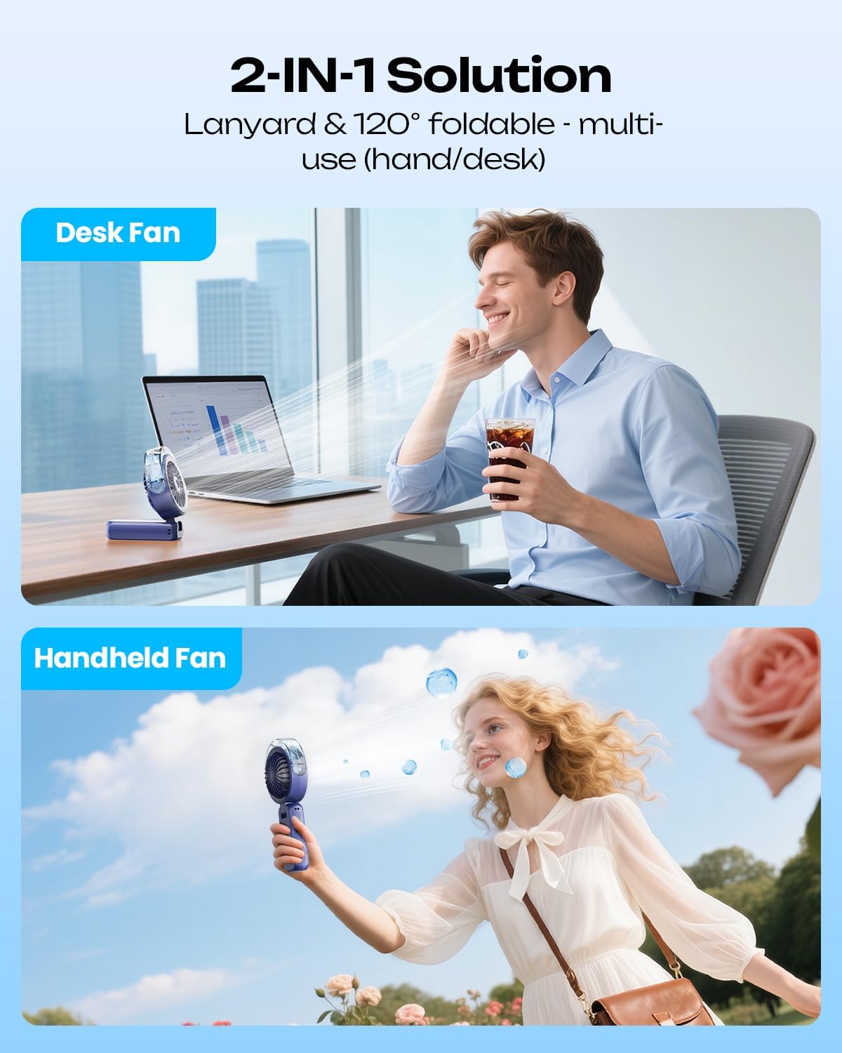 Otlonpe fan folded on desk providing hands-free cooling while working