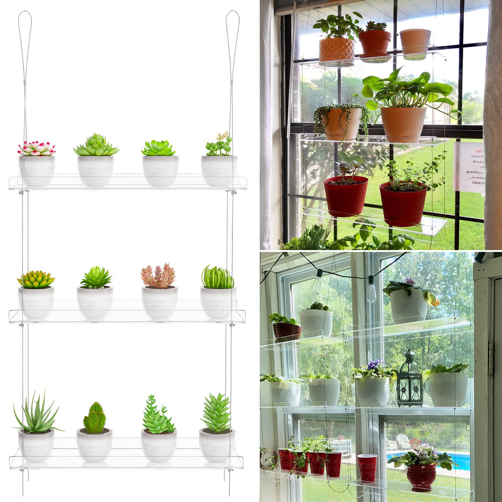 OtNiap front view of clear hanging window plant shelves showcasing neat multi-plant display