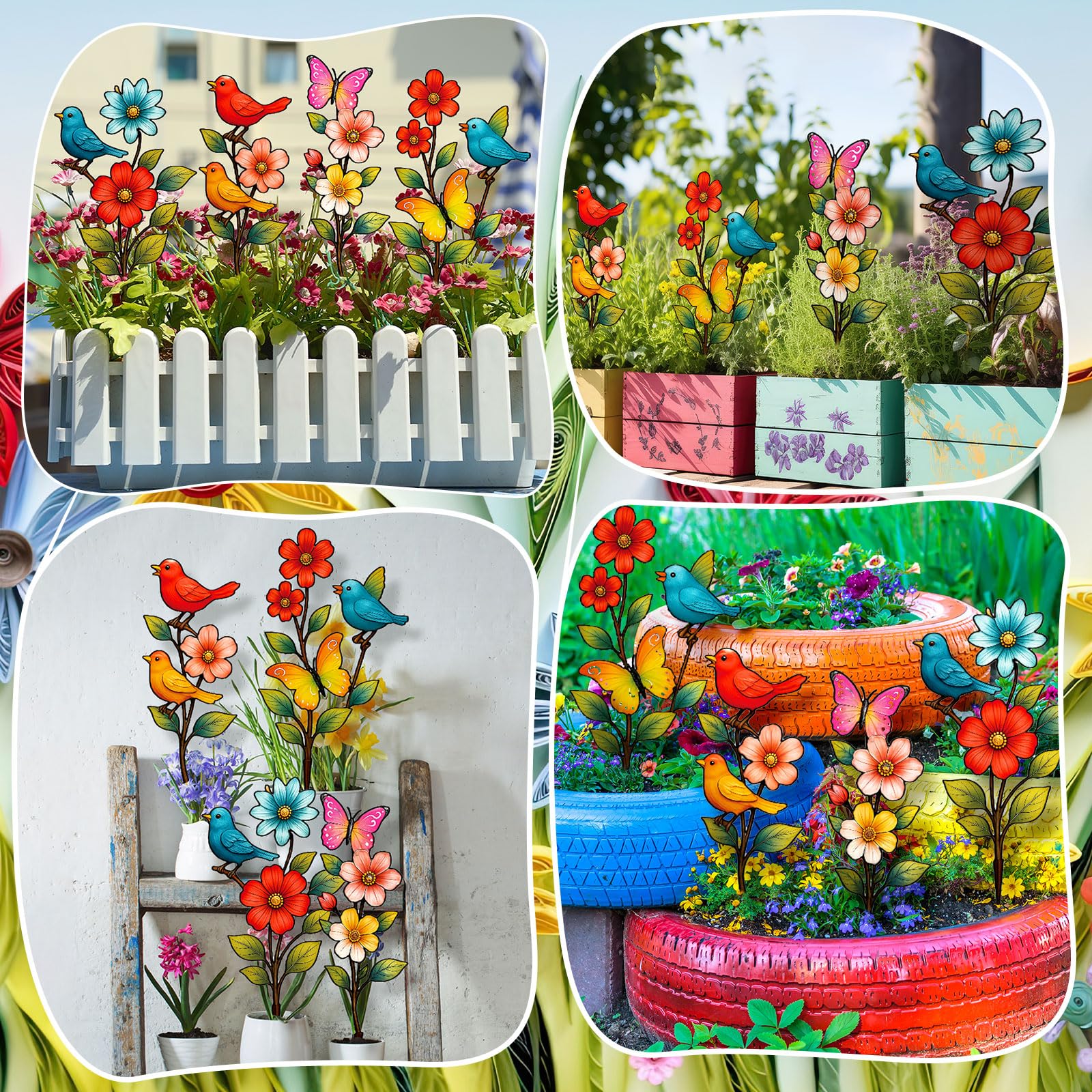 Otoolling clustered stakes in garden showcasing layered color and decorative focal points