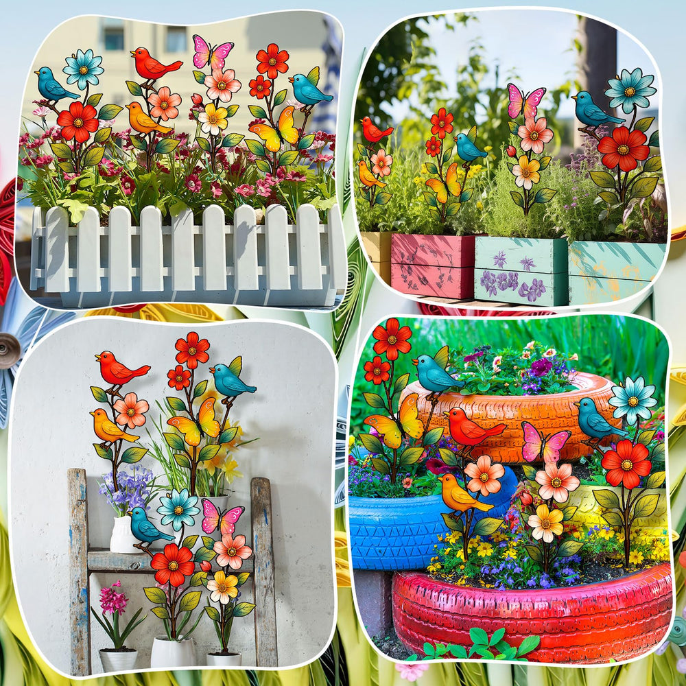 Otoolling clustered stakes in garden showcasing layered color and decorative focal points