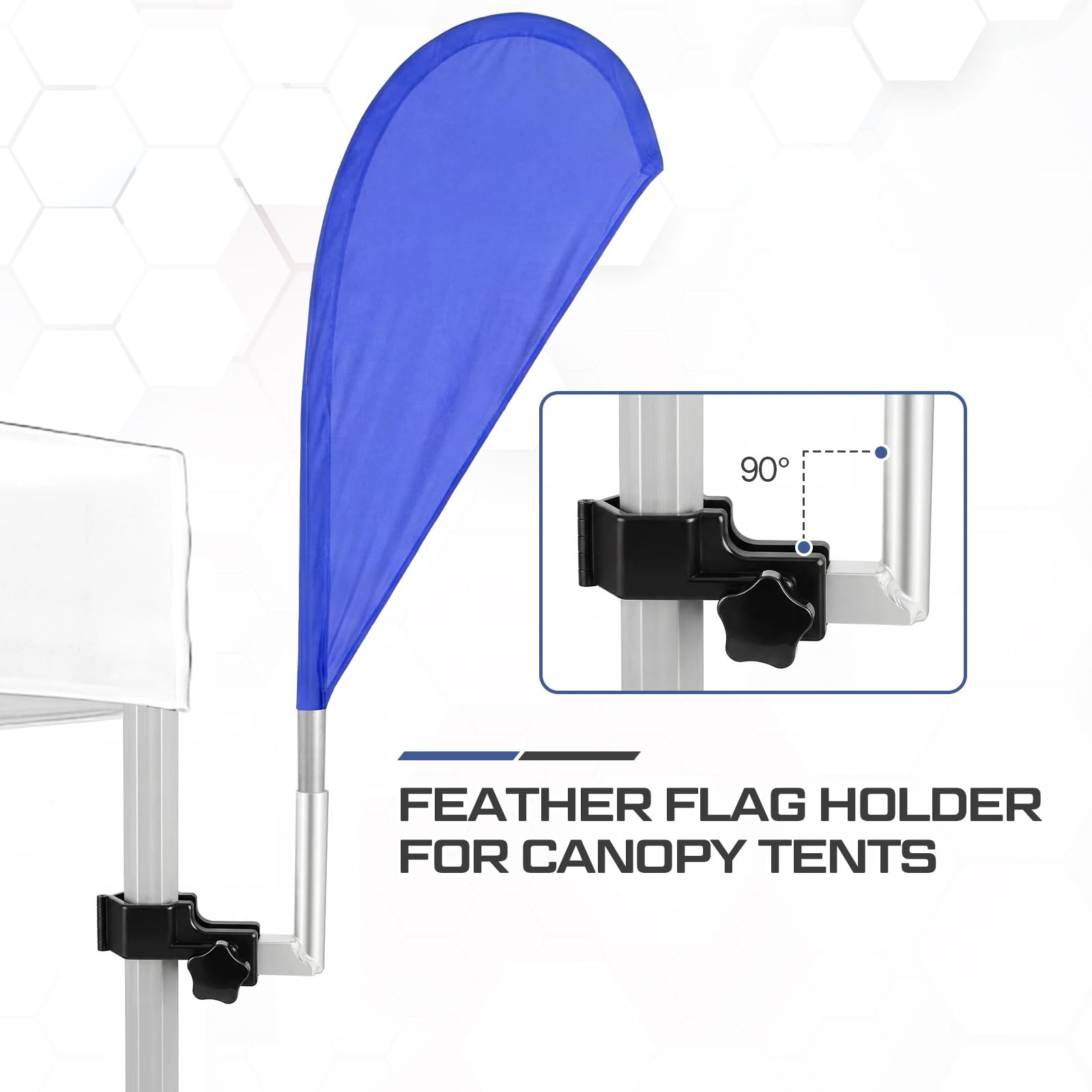 Otoolling mounted on a canopy tent leg, showing stable flag display advantage