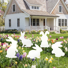 Otoolling front view of five bunny stakes showcasing cohesive garden charm
