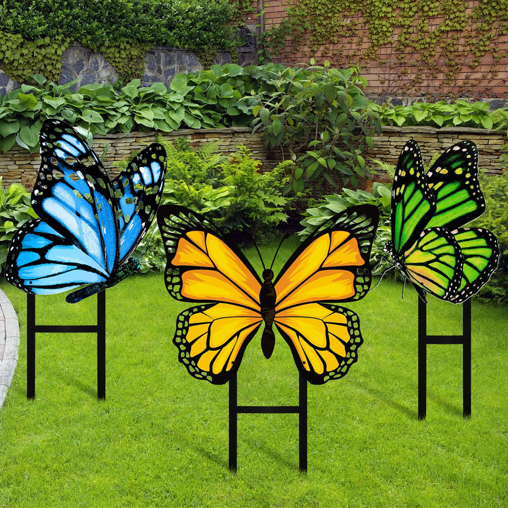 Otoolling front view of three colorful butterfly stakes adds instant visual interest