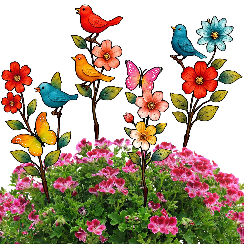Otoolling front view showing colorful flower, bird, and butterfly stakes enhancing a planter