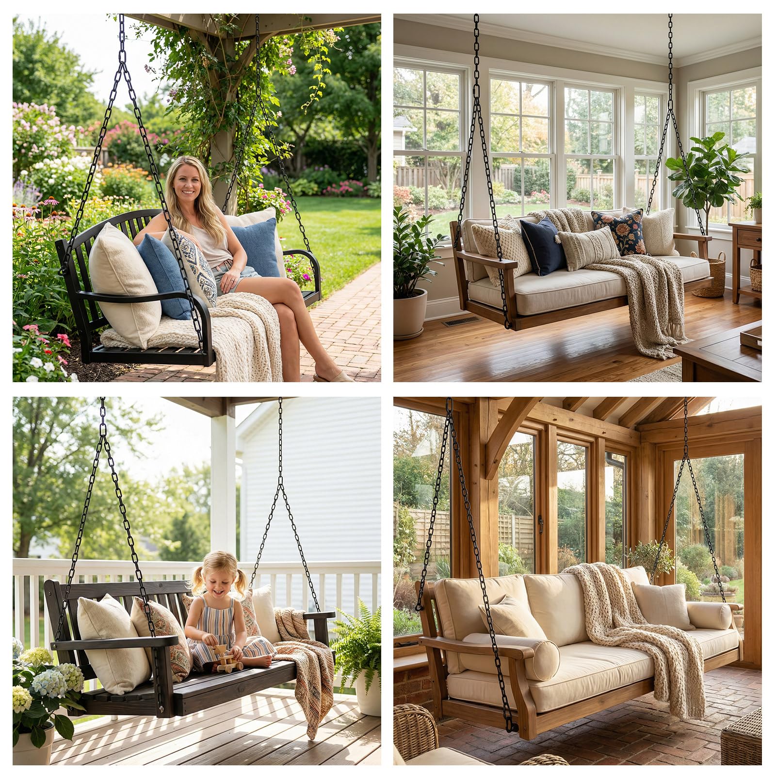 Otoolling porch swing mounted outdoors demonstrating sturdy, quiet hanging