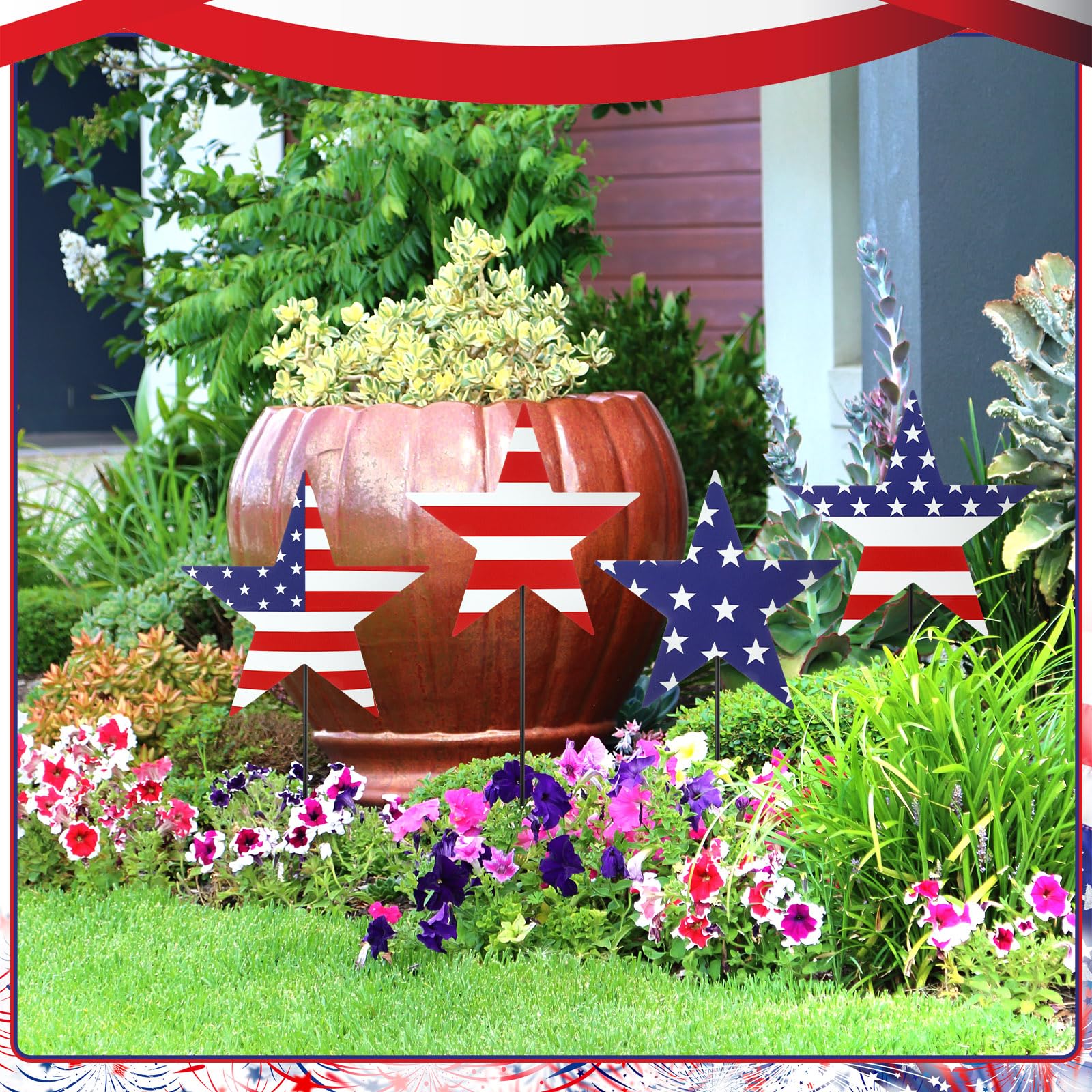 Otoolling porch scene with signs creating welcoming patriotic party atmosphere