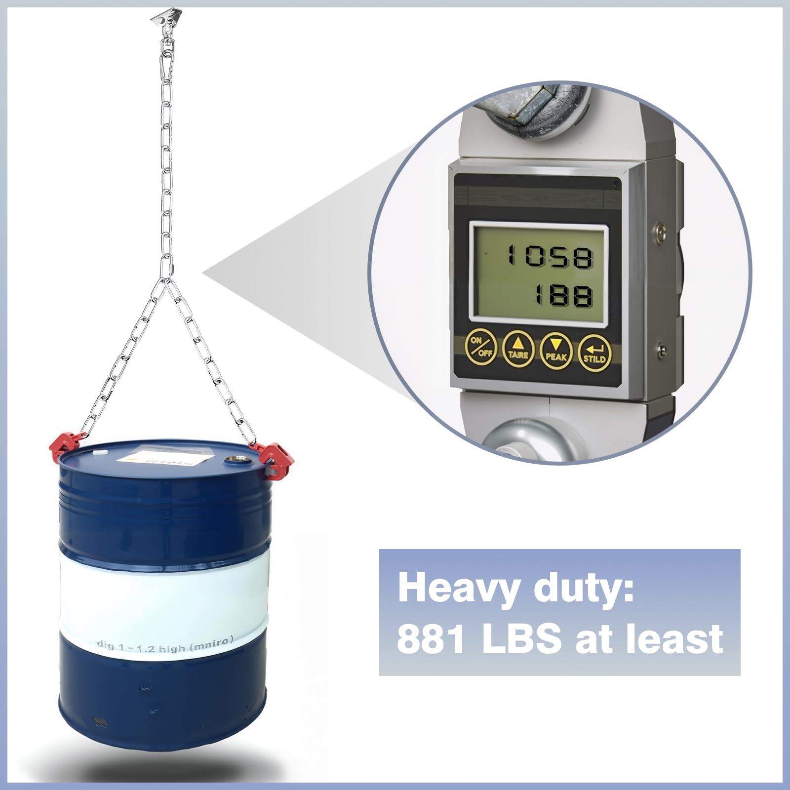 Otoolling hanging kit next to measuring tape showing chain length and scale advantage