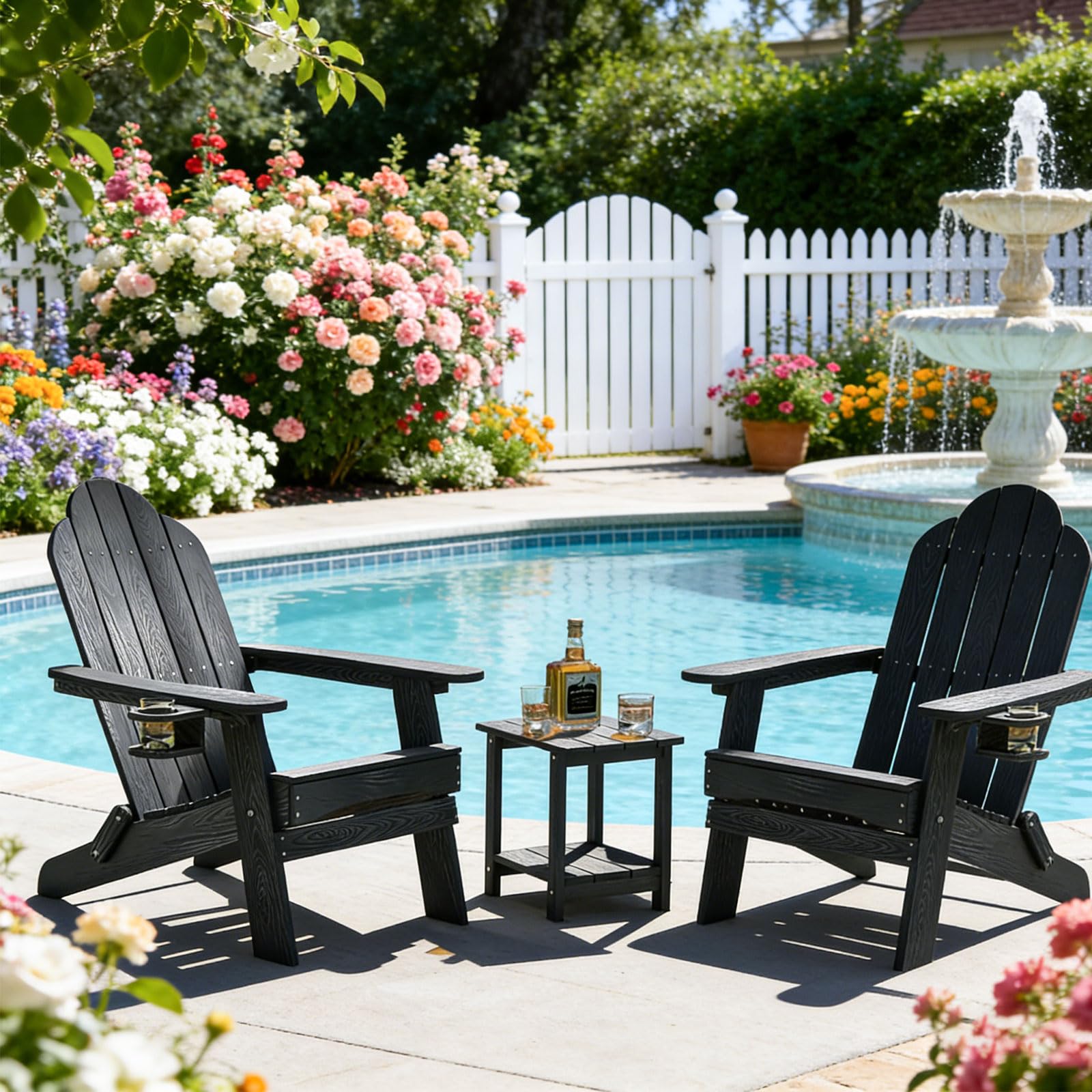 OTSUN side table in patio setup holding drinks and plant, creating durable outdoor convenience