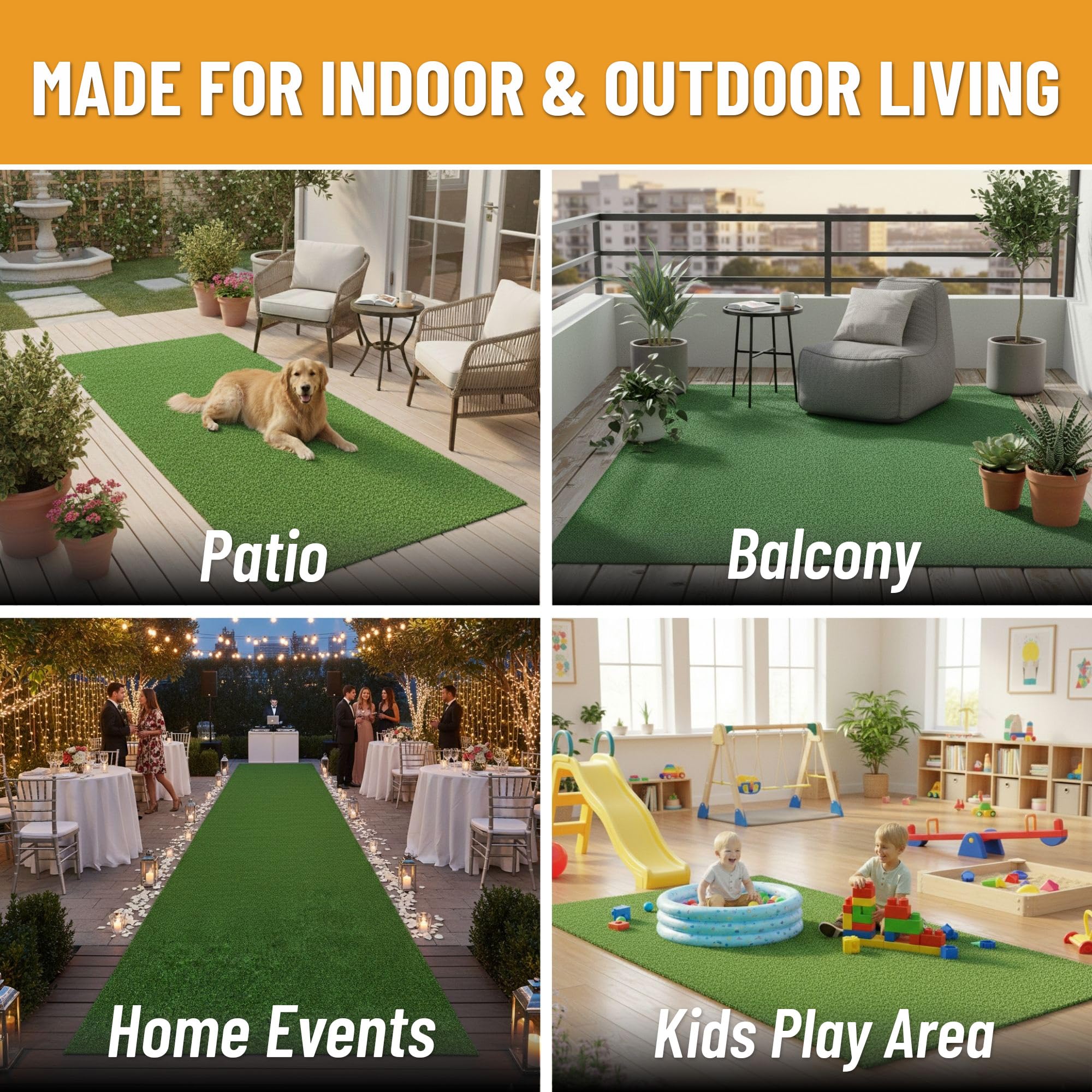 Ottomanson turf on patio beside table showing outdoor styling and quick-install benefit