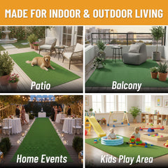 Ottomanson turf on patio beside table showing outdoor styling and quick-install benefit