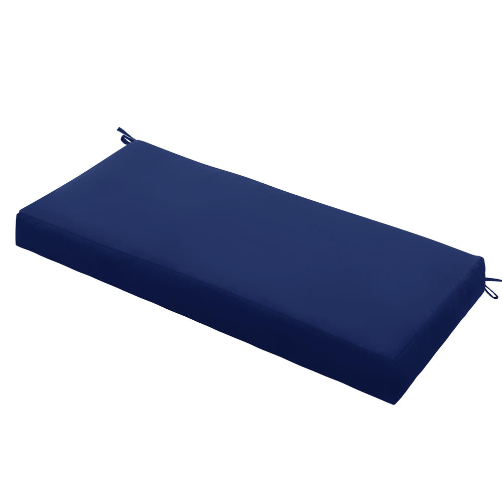 Ottowood front view navy bench cushion showing neat fit and inviting comfort