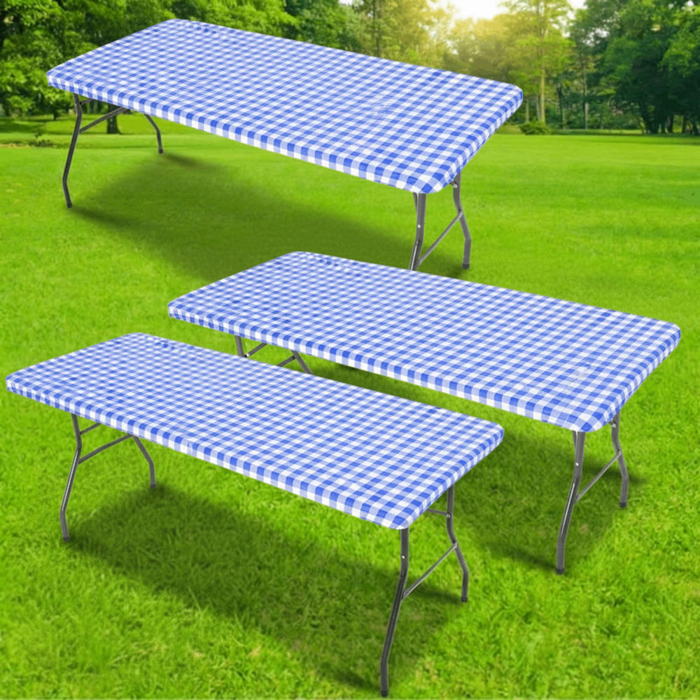 Oudain front view of gingham tablecover showing neat fit and pattern benefit