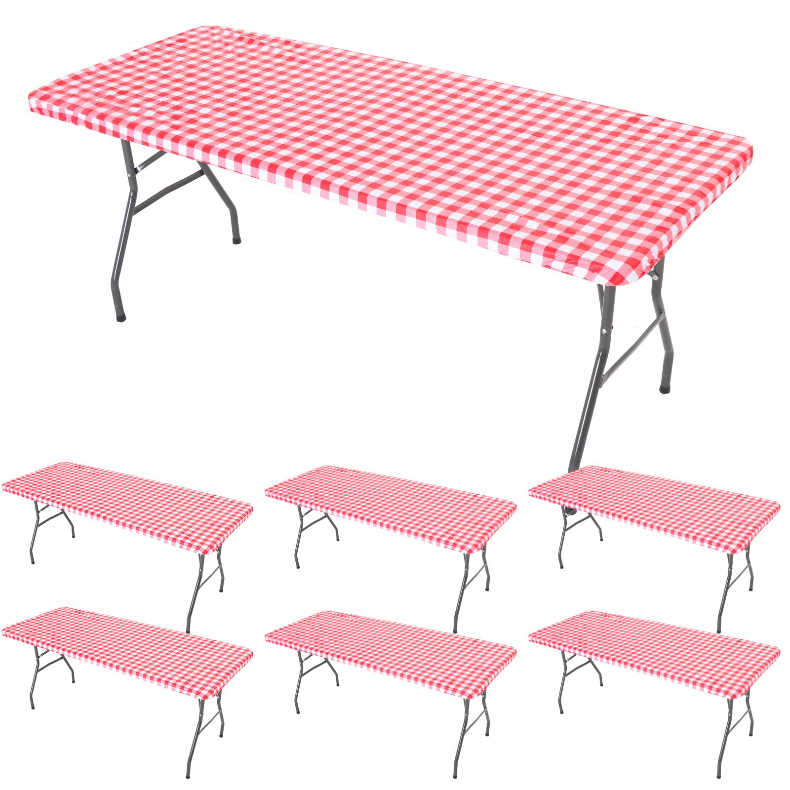 Oudain front view of six red white grid fitted table covers, neat stack